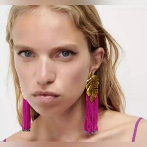 NWT ZARA Fuchsia Pink Beaded Boho Leaf Beaded Earrings